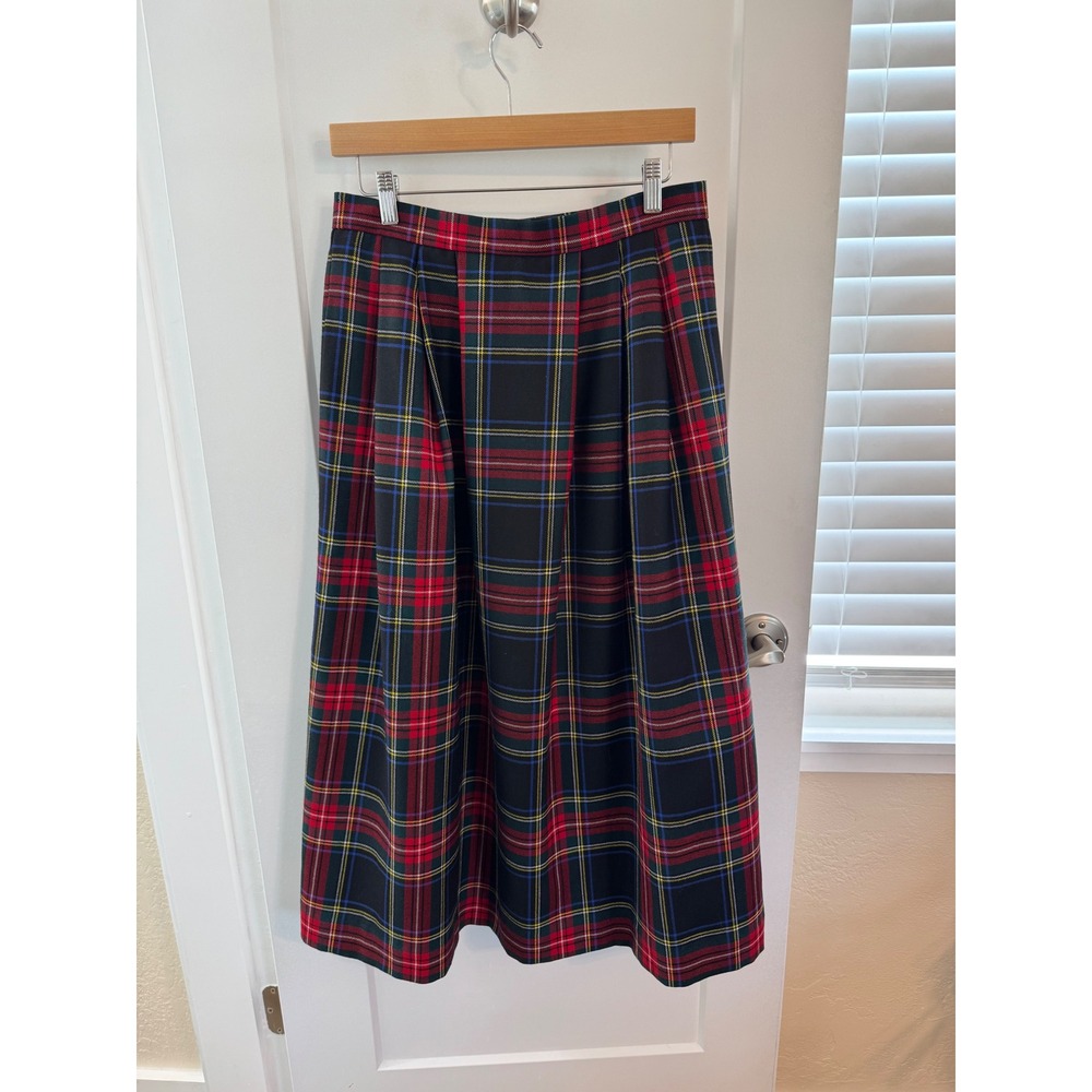 Lands End Vintage Wool Plaid Midi Skirt Made in Scotland Black Stewart Tartan 12